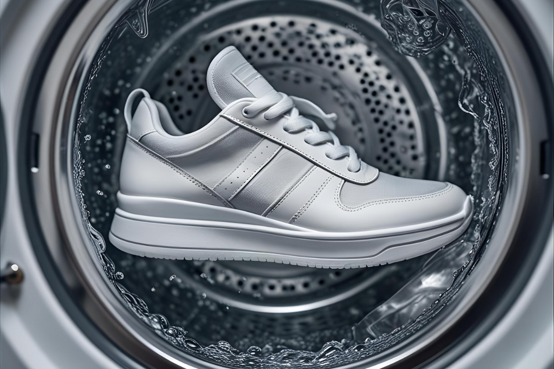 Sneaker laundry essentials with cleaning washing machine, foam, and fresh care setup