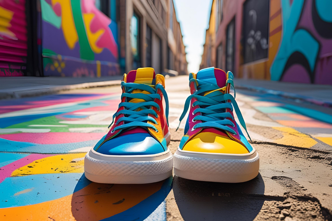 sneakers placed on a colourful surface, representing the early history and origin of sneaker footwear.