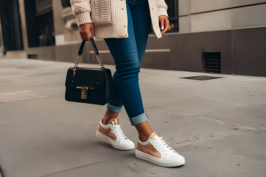 Trendy sneakers paired with a fashionable outfit, showcasing effortless style