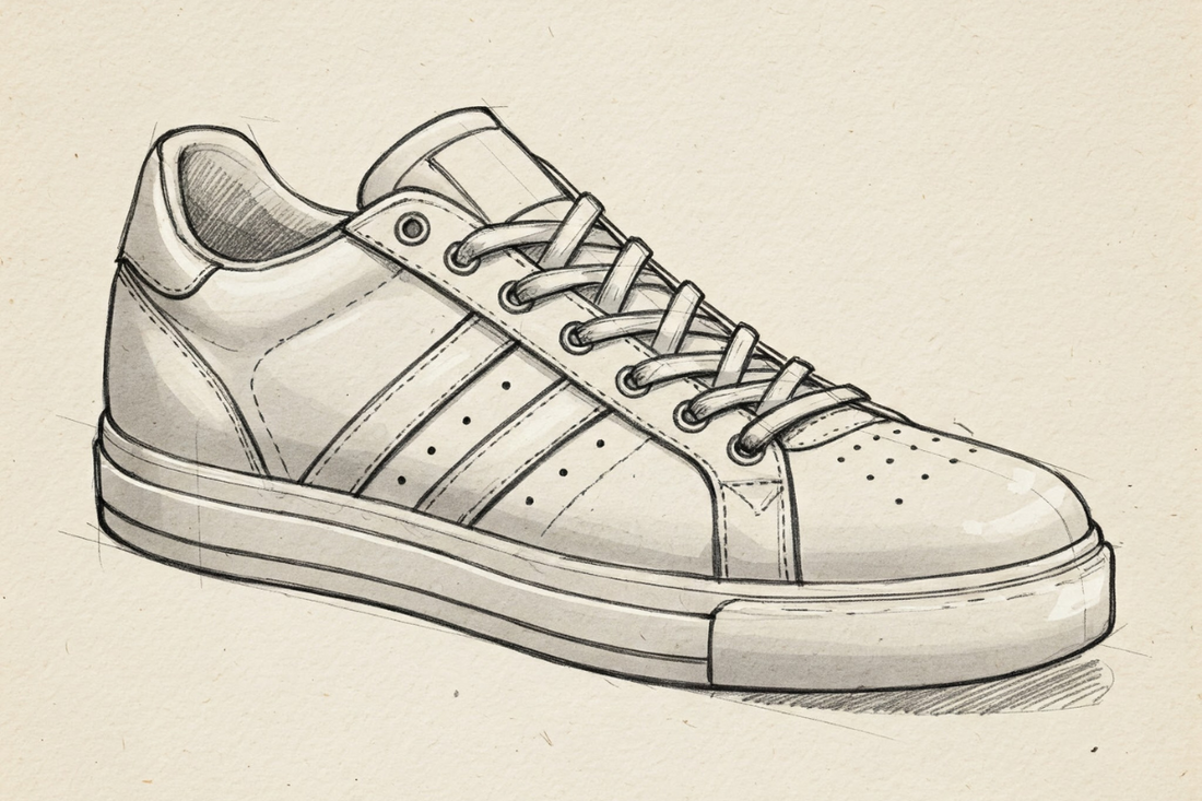 Sneaker design sketch used in shoemaking, representing the process from concept to finished product.