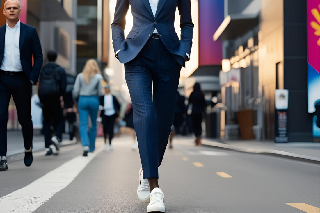 a person wearing kloch sneakers with suit