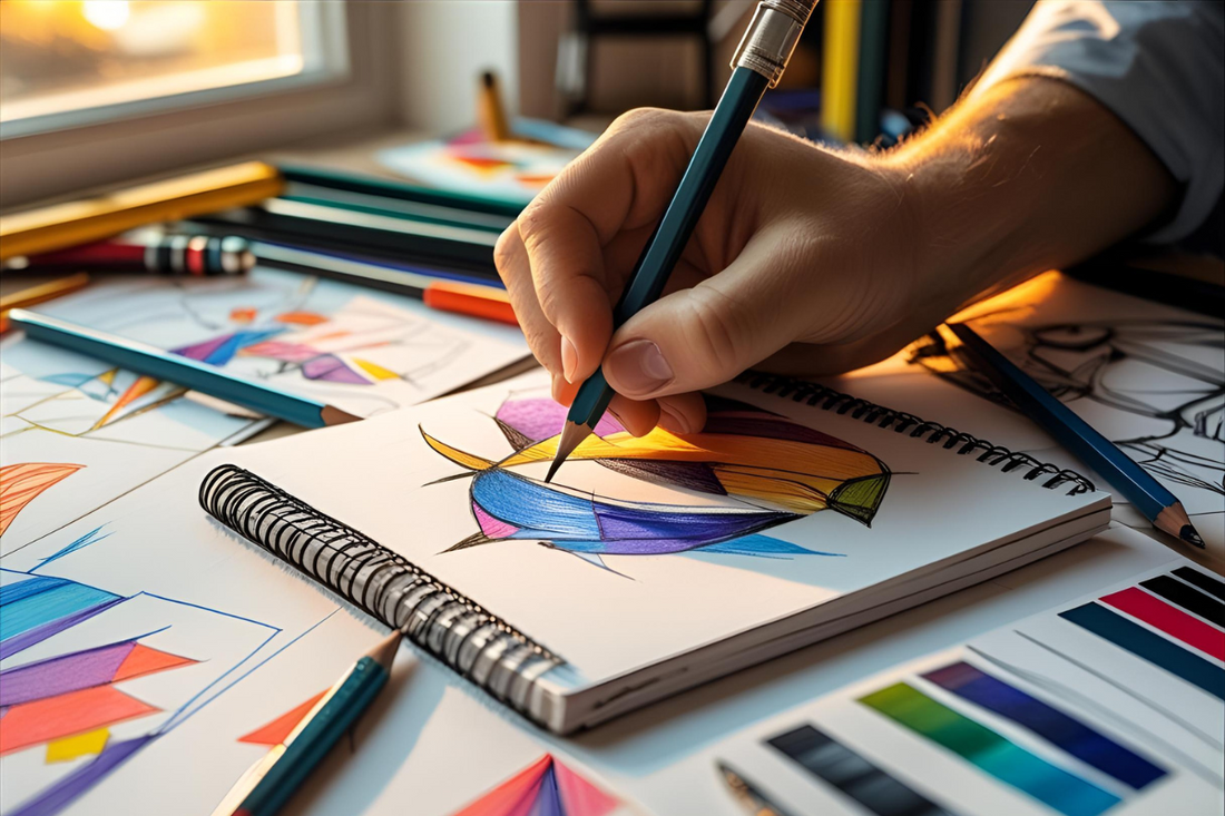 A designer sketching a sneaker concept on paper beside finished sneakers, showcasing the artistic journey from design to final product.