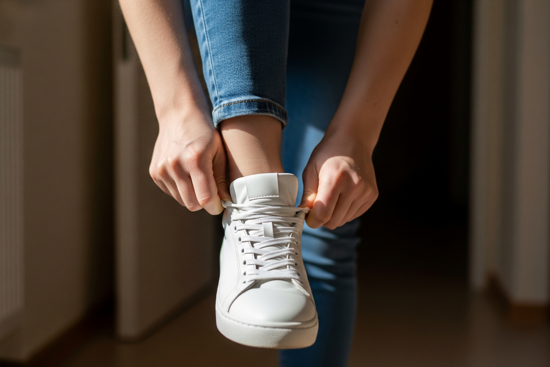 Close-up of a person wearing snug sneakers, highlighting the fit and break-in process over time.